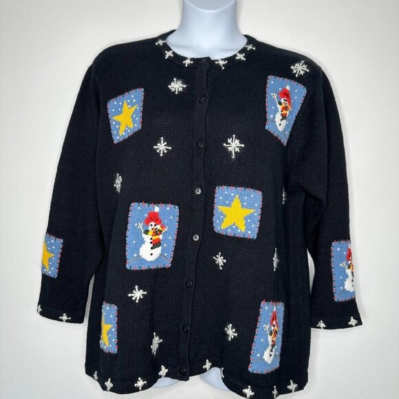 Vtg The Quacker Factory Snowman Cardigan Sweater 1X Black Patchwork Stars - Picture 1 of 7